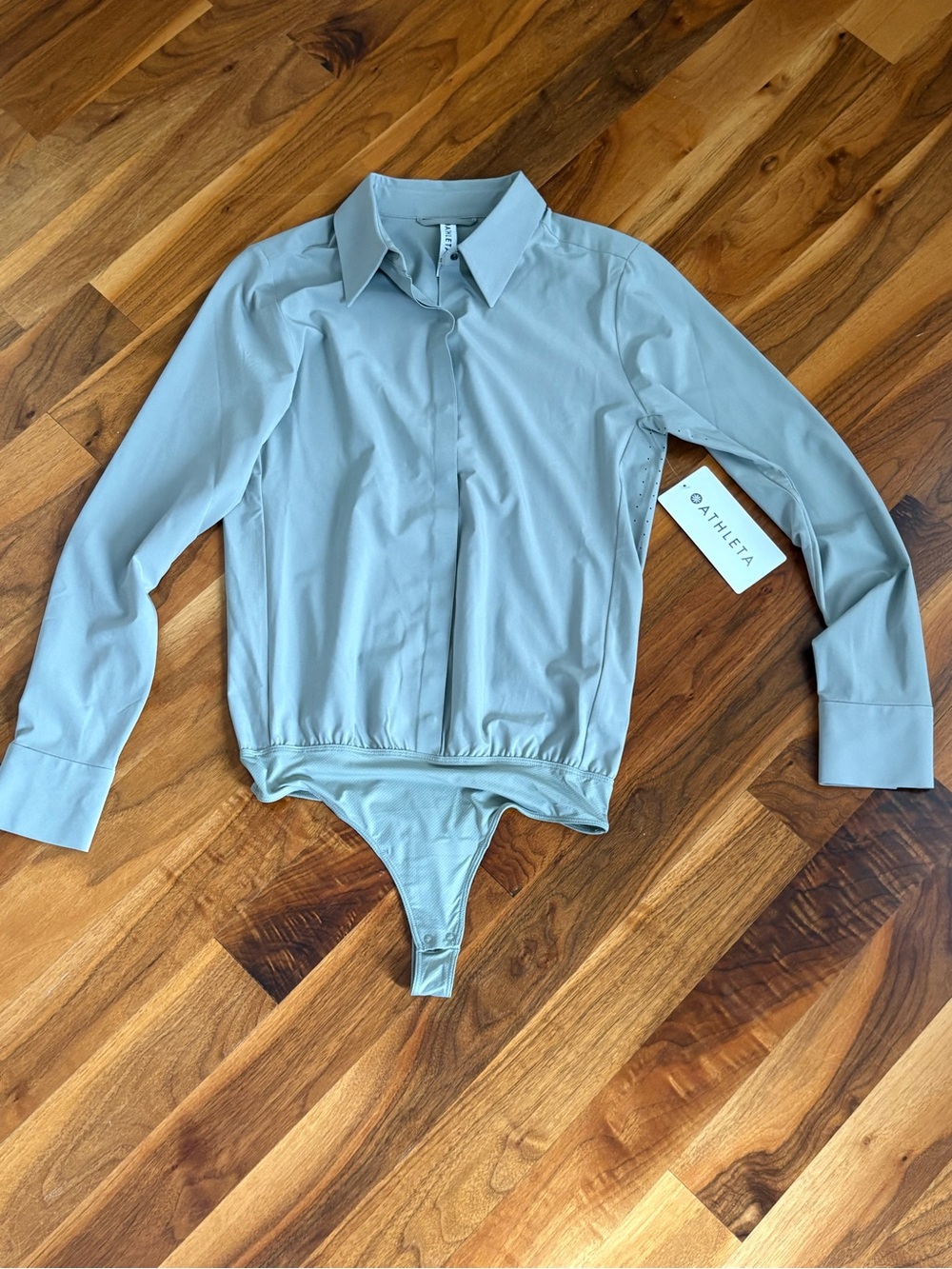 Athleta Light Green Gray Collared Long Sleeve Button Down Bodysuit, NEW